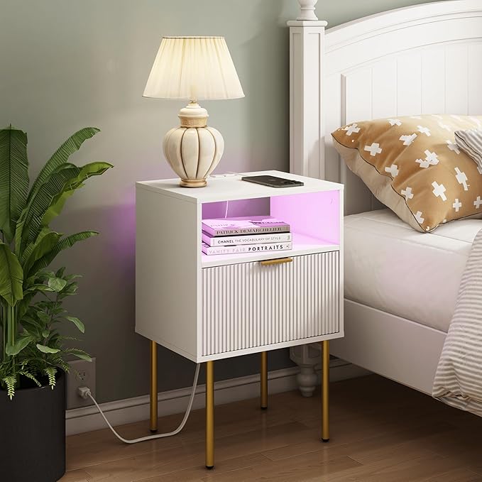 Modern Nightstand with Charging Station and LED Lights, Fluted Side Table - Image 3