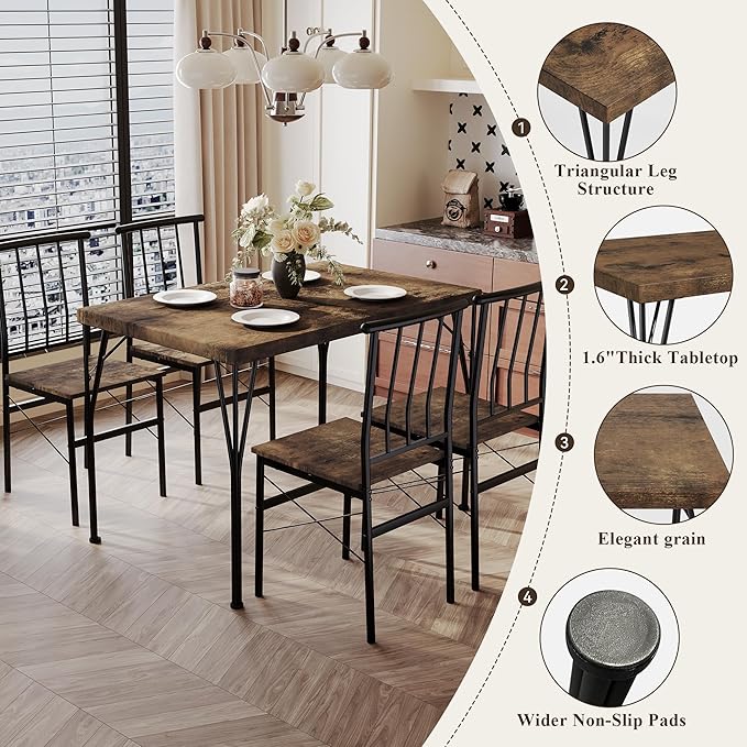 5 Piece Dining Table Set with 1.6" Thick Desktop, Modern Metal&Wood Kitchen - Image 5