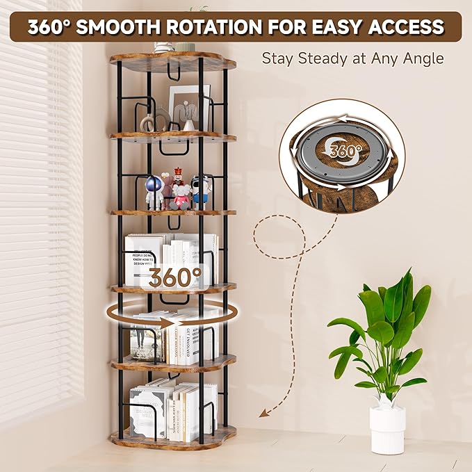 5-Tier Rotating Book Shelf, 360° Display Spinning Bookshelf Tower, Book - Image 5