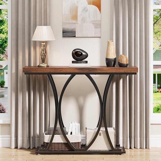 JUSTOGO 41.3" Industrial Entryway Table, Narrow Wood Sofa Console Table - Image 4