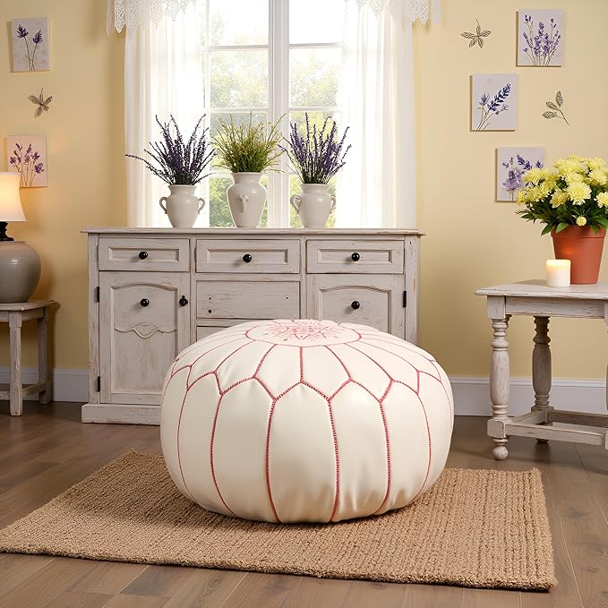 Stuffed Round Design Moroccan Leather Pouf Ottoman, Pre-Filled, 100% Genuine - Image 5