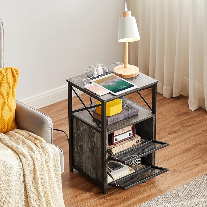 VECELO Oak Gray End Table with USB Ports and Outlets, 24 Inch Nightstands with - Image 9