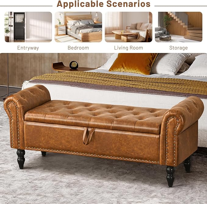 Furniliving Storage Ottoman Bench, Leather Benches End of Bed Bench - Image 9