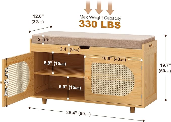 Rattan Shoe Storage Bench, Bamboo Entryway Bench, 2-Tier Shoe Rack, 35.4" W x - Image 2