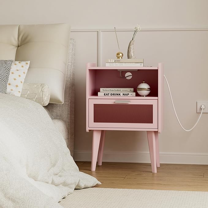 Nightstand with Charging Station, Bedside Tables Pink End Table Side Table with - Image 6