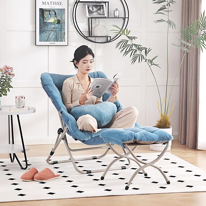 Saucer Chair with Ottoman, Comfy Oversized Folding Chair, Faux-Fur Reading Chair - Image 8