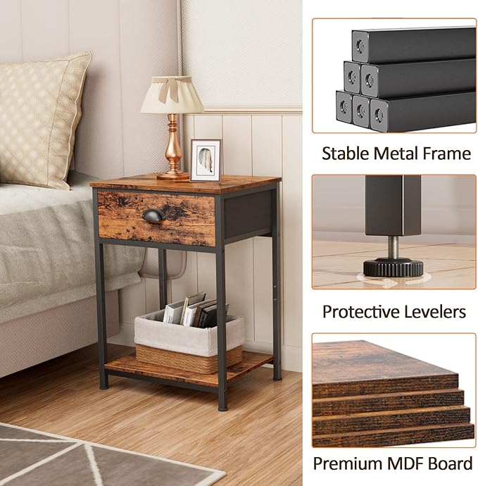 Furologee End Table with Storage Shelf and Fabric Drawer, 2 Tiers Industrial - Image 4