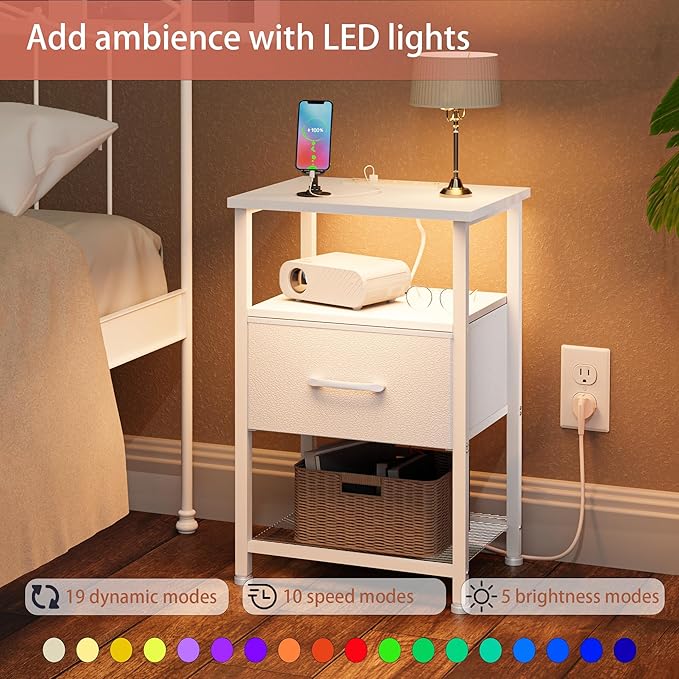 Nightstands Set of 2 with Charging Station and Drawer, End Table Bedside Table - Image 3