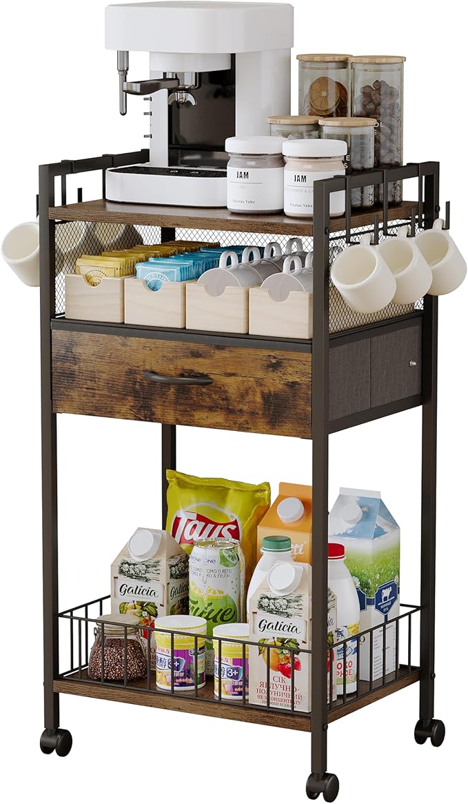 Small Coffee Bar Cart with Drawer Srorage, Coffee Bar Station Organizer Mug Cup by Dsmadn