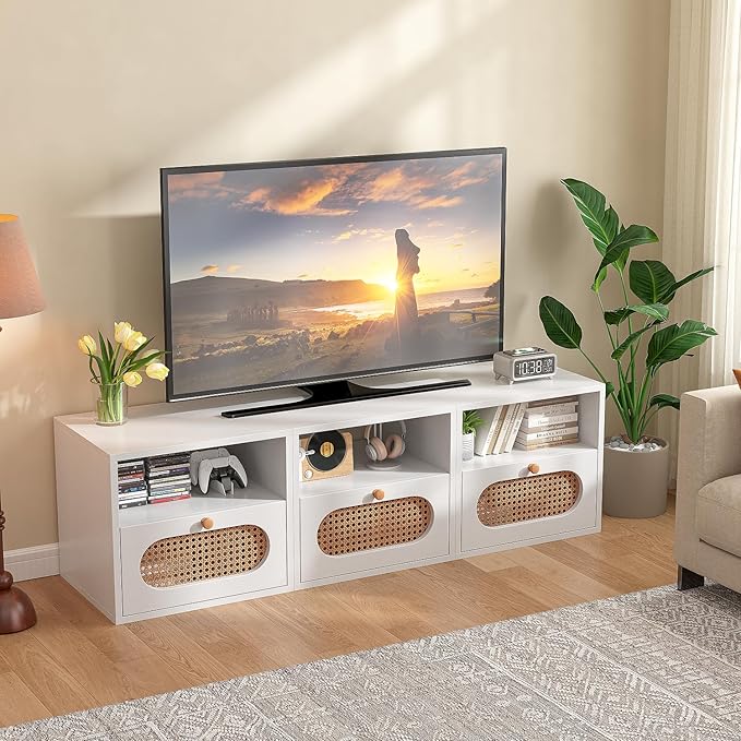 3-in-1 Modular TV Stand with Rattan Doors, DIY Media Console Boho Entertainment - Image 2