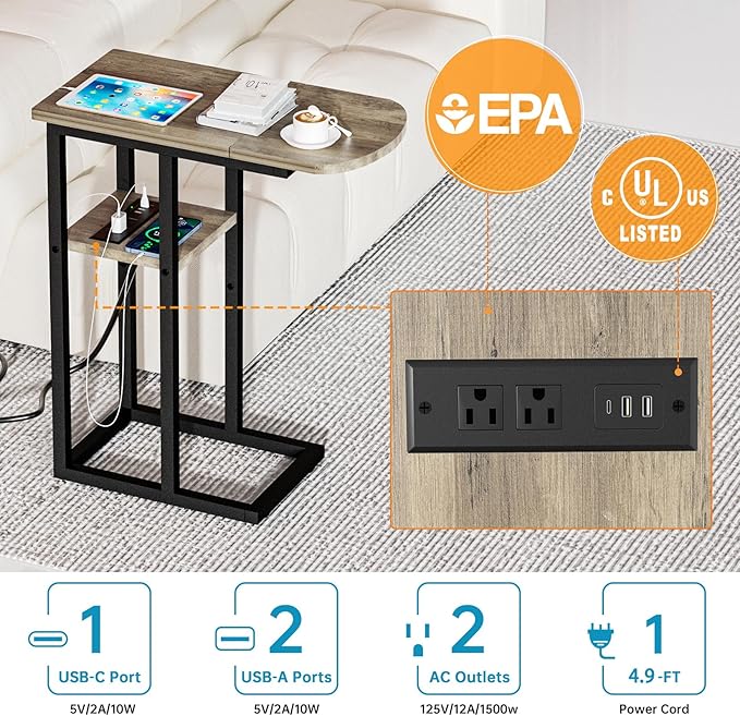 C Table End Table with Charging Station, Couch C Shaped Side Table - Image 4
