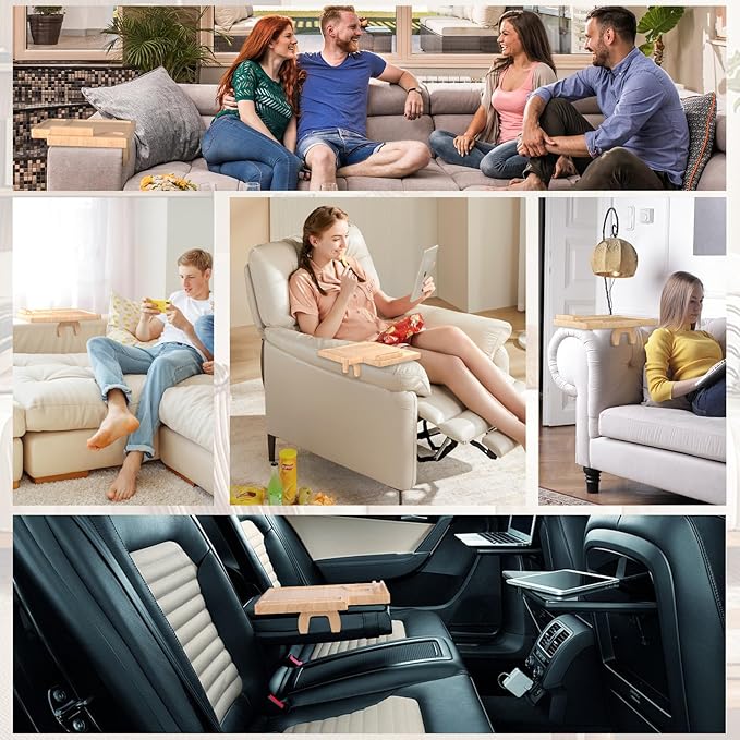 Bamboo Couch Arm Table with Remote Control Tray & Rotating Phone Holder - Image 6