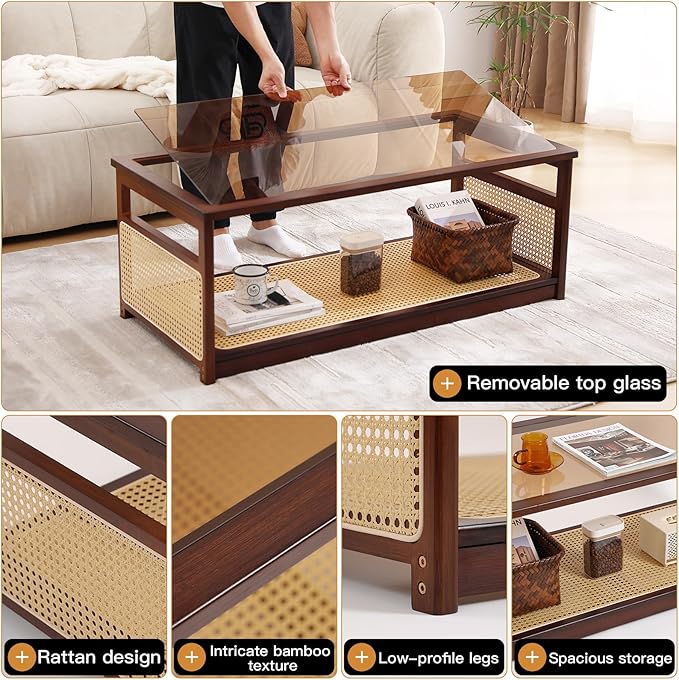 Welnow Rattan Coffee Table for Living Room, Modern 2-Tier Rectangle Center Table - Image 4