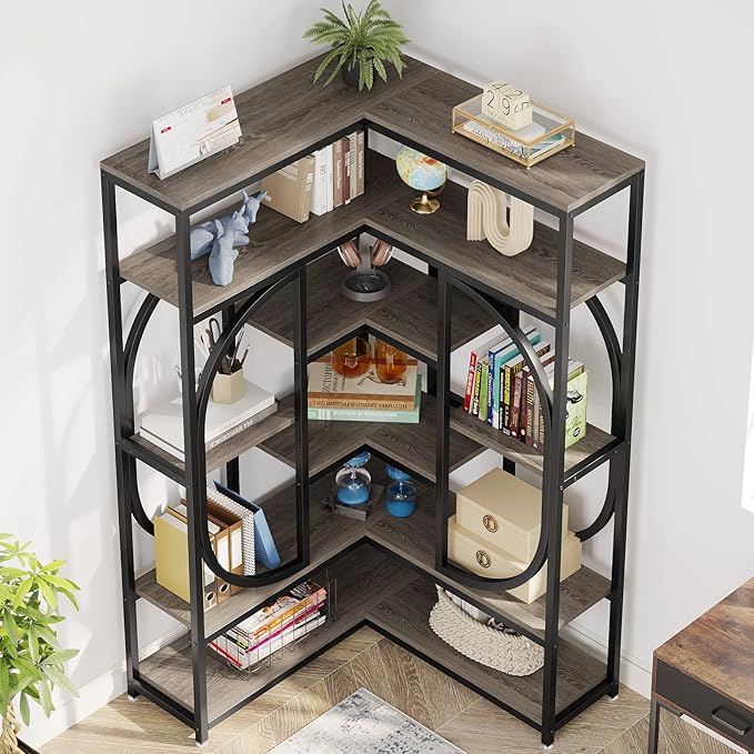 LITTLE TREE Large Corner Bookshelf Industrial Bookcase - Image 6