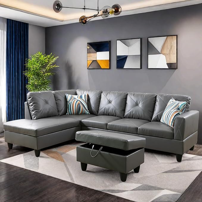 L Shaped Sectional Sofa with Ottoman, Leather Right Facing Modern Couches - Image 6