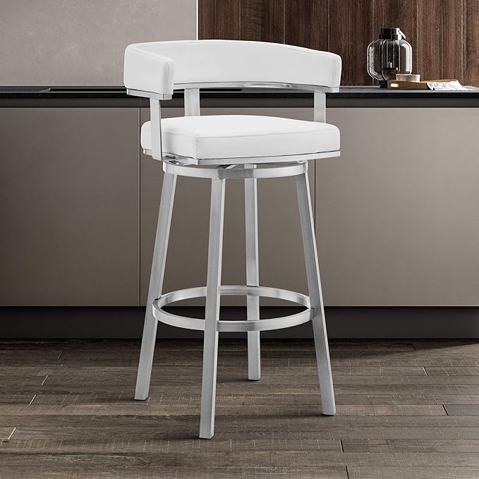 Armen Living Lorin Modern 30" Seat Height White Faux Leather and Brushed - Image 2