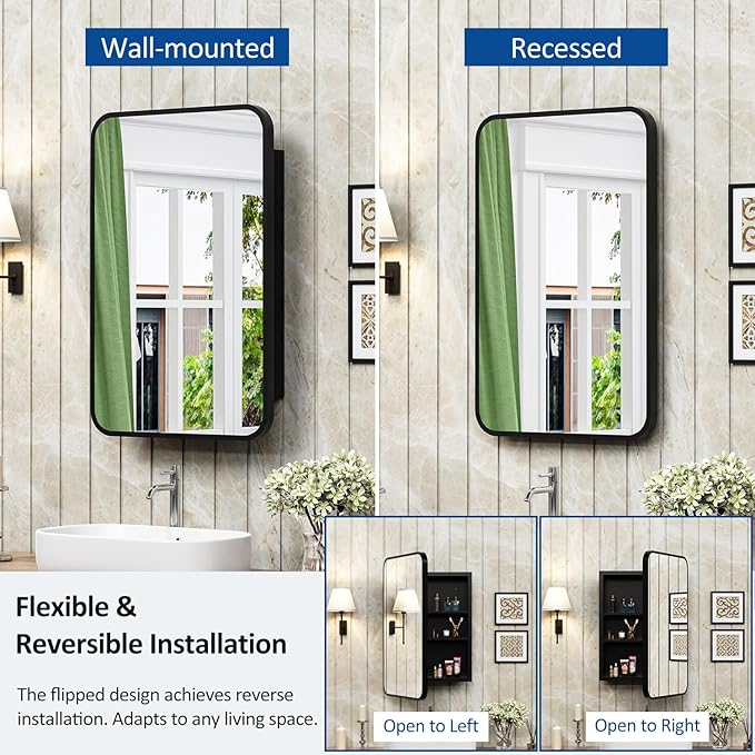 16x24 Inch Black Mirror Medicine Cabinet Metal Framed Recessed Wall Mounted - Image 3