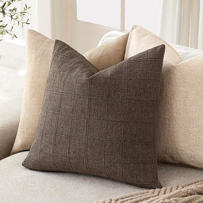 Foindtower Set of 2 Decorative Linen Check Throw Pillow Covers Neutral - Image 5