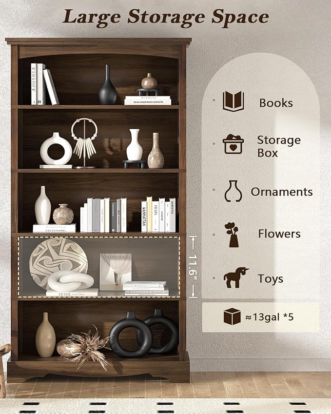 TVU 5-Tier Wooden Bookshelf, 65 Inch Tall Bookshelf - Image 4