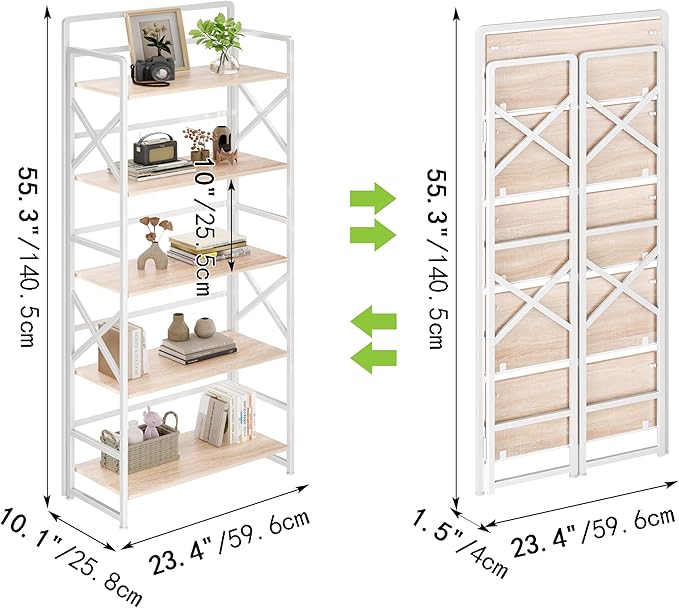 No Assembly Folding Bookshelf, 5 Tiers Vintage Wood Collapsible Book Shelf - Image 3