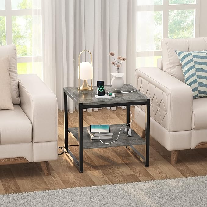 Homieasy End Table with Charging Station, 20 Inch Mini Fridge Stand with 2-Tier - Image 6