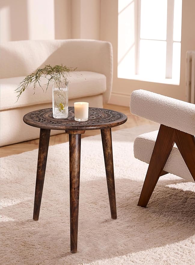 Wooden Table with 3 Legs Pillar, Carving End Tables, Round Coffee Table - Image 7