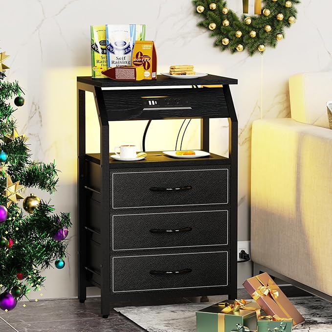 End Table with 3 Drawers, Nightstand with Charging Station and LED Lights - Image 4