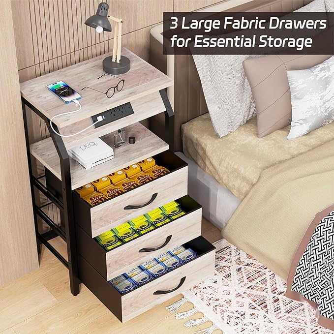 End Table with 3 Drawers, Night Stand with Charger Station and LED Lights - Image 8