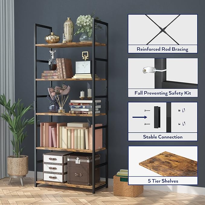 NUMENN 5 Tier Bookshelf, Tall Bookcase Shelf Storage Organizer, Modern Book - Image 5