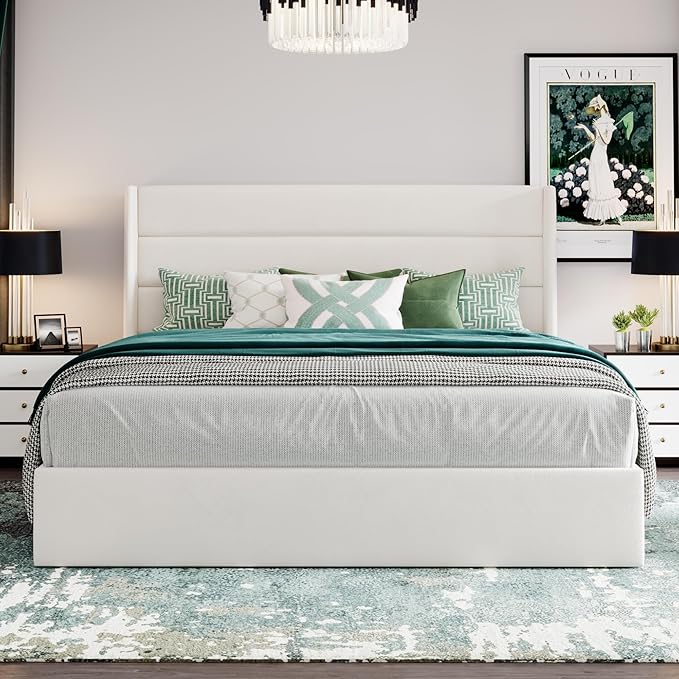 SHA CERLIN King Size Lift Up Storage Bed/Velvet Upholstered/Modern Wingback - Image 7