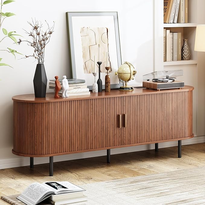63" TV Stand with Power Outlet, Modern Media Console with Sliding Doors - Image 4