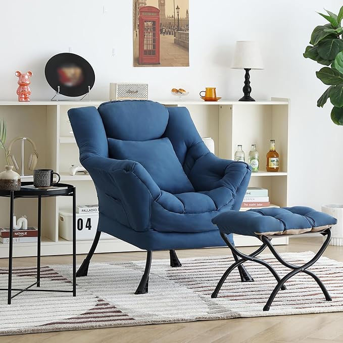 Lazy Chair with Ottoman, Comfy Reading Chair with Footstool & Pillow Modern - Image 2