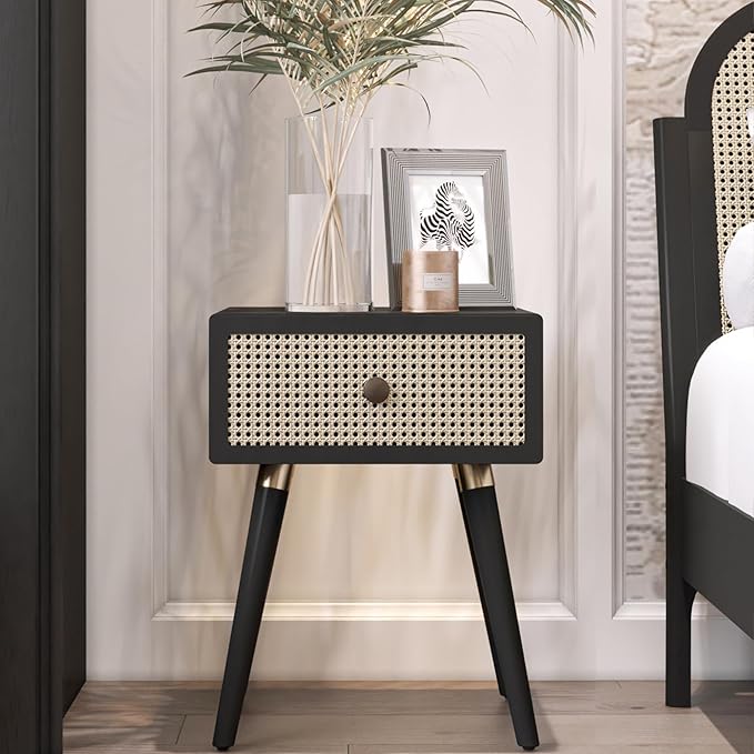 Bme Nipe Black Solid Wood Rattan Nightstand Fully Assembled, Woven Cane End by Bme