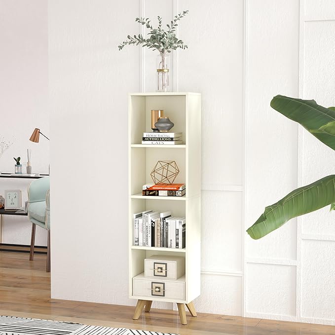 Manora Small Bookcase with 4 Open Shelves, Modern White Bookshelf with Wooden - Image 6
