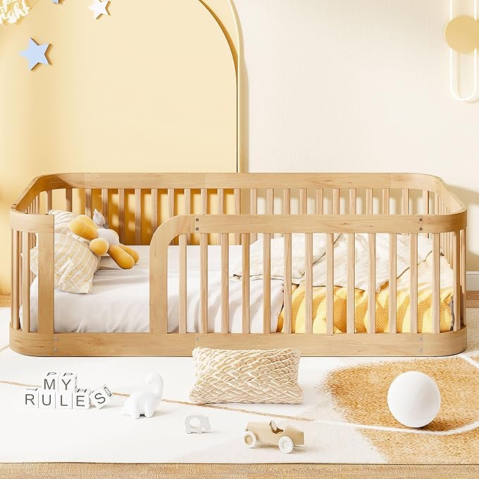 Bellemave Twin Floor Bed with High Fence and Rounded Corner Design, Wood - Image 2