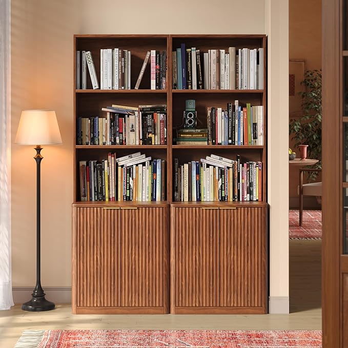 71" Walnut Bookcase with Doors, 5 Tier Fluted Tall Bookshelf with Storage - Image 3