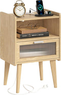 Nightstand with Charging Station, Bedside Tables with Glass Decorative Door by MMEOLUOOK