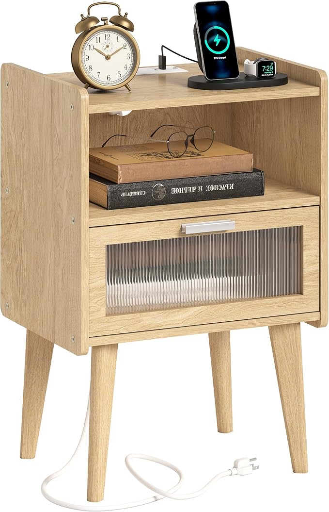 Nightstand with Charging Station, Bedside Tables with Glass Decorative Door by MMEOLUOOK