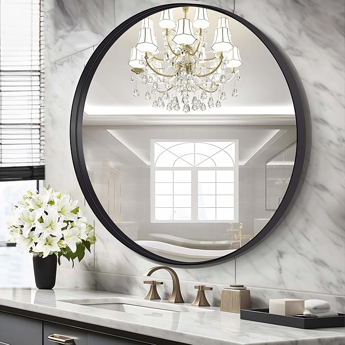 Black Round Mirror 42 inch Deep Frame Circle Mirror, Metal Frame Round Bathroom - Image 2