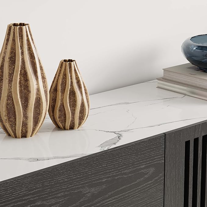 POVISON Fully-Assembled Mid Century Modern Sintered Stone TV Stand, Slatted - Image 6