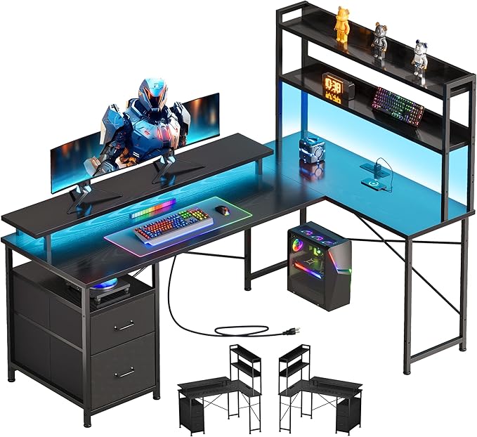 L Shaped Gaming Desk with Shelves, Reversible Computer Gaming Desk with LED by Maihail