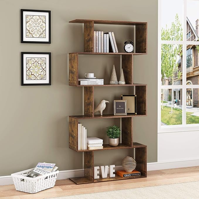 Yusong Bookshelf 5-Tier, Geometric Bookcase S Shaped Book Shelves - Image 9