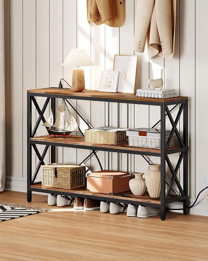 47.2" Console Table with Charging Station, 3-Tier Entryway Table, Industrial - Image 7