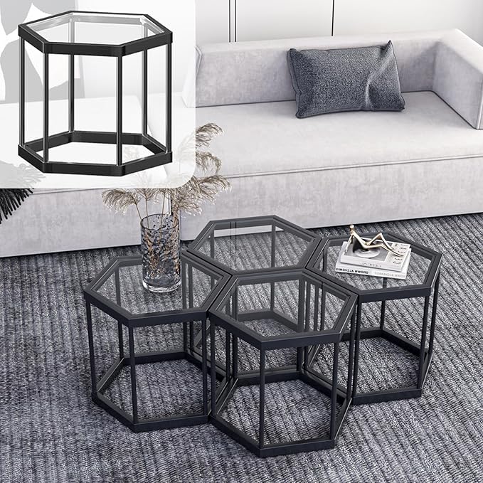 Coffee Table Glass Modern Coffee Table, Hexagon Free Combination Glass Center by LUGSHIREE