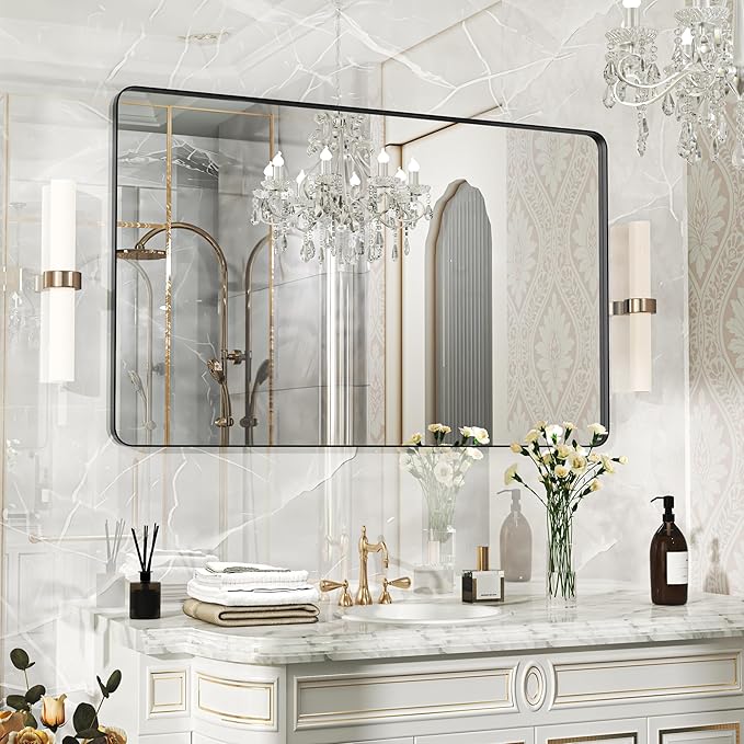 48×30 Black Bathroom Mirror, Rectangular Bathroom Vanity Mirror by FunMemories