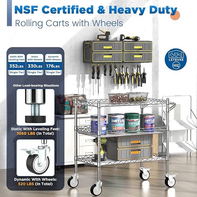Leteuke Heavy Duty 3 Tier Rolling Utility Cart, NSF Certified 990Lbs Capacity - Image 2