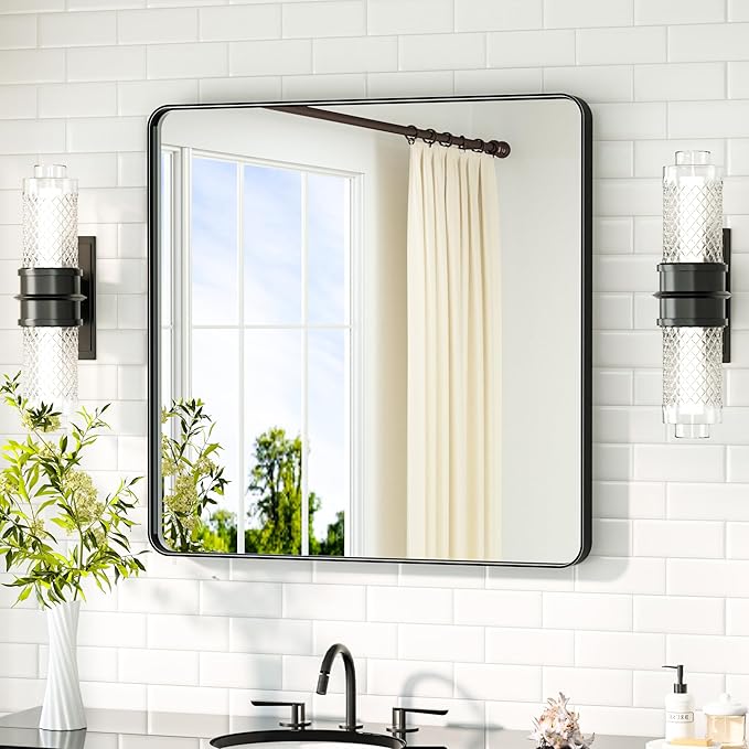 TETOTE Black Bathroom Mirror 30 x 30 Matte Black Metal Framed Vanity Mirror by TETOTE
