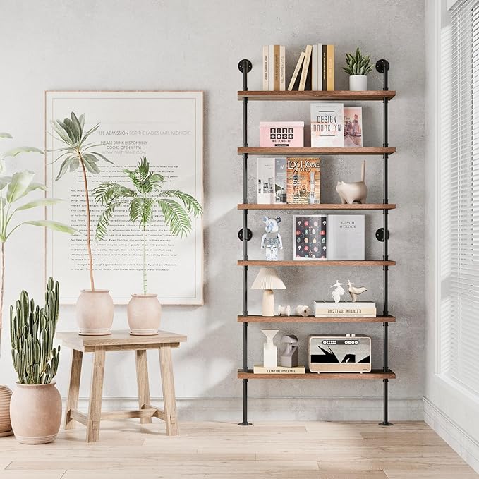 6 Tier Industrial Ladder Shelf Bookcase, Wall Mounted Rustic Bookshelf - Image 4