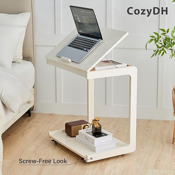 CozyDH Adjustable C Shaped End Table, Rolling Side Table Solid Wood TV Sofa - Image 8