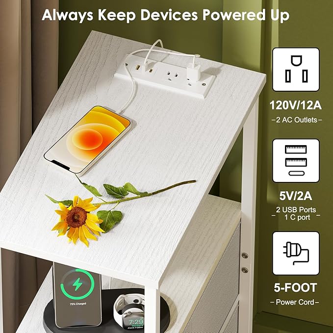 Fixwal Narrow Side Table with Charging Station and LED Light, Skinny Nightstand - Image 5